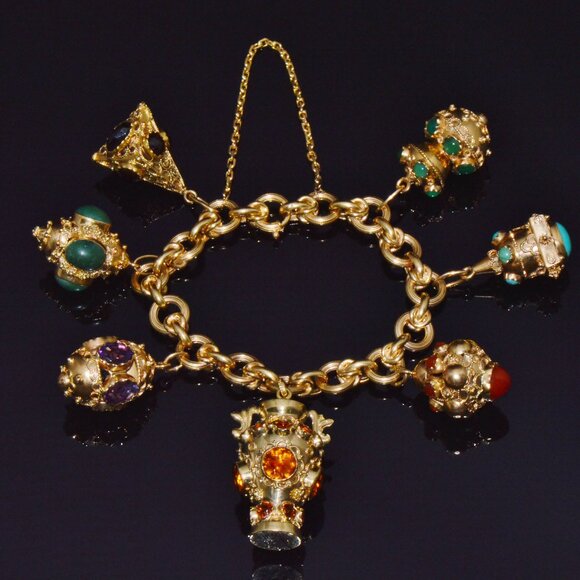 Estate Italian Etruscan Solid 18K Gold Citrine Turquoise Charm Fob Bracelet - Picture 3 of 14